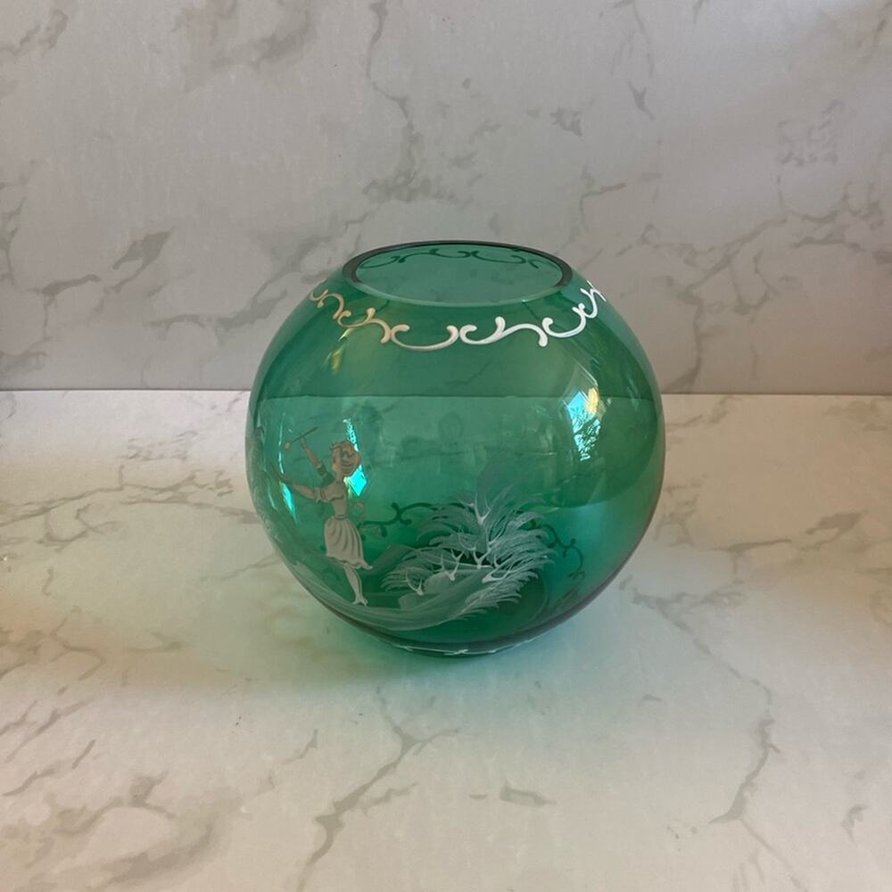 Vintage Mary Gregory Style Green Glass Rose Bowl Hand Painted Artist Woman 7"